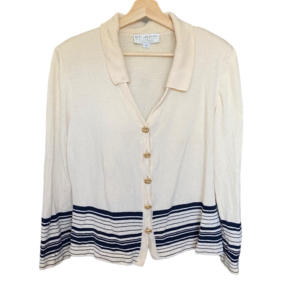 Vintage St. John Knit Blazer Jacket Cream Ivory Stripe Navy Blue Women's 12